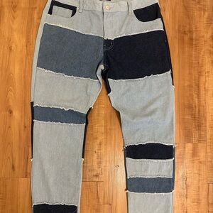 Fashion Nova Relaxed Blue and Black Jeans with Bold Patchwork